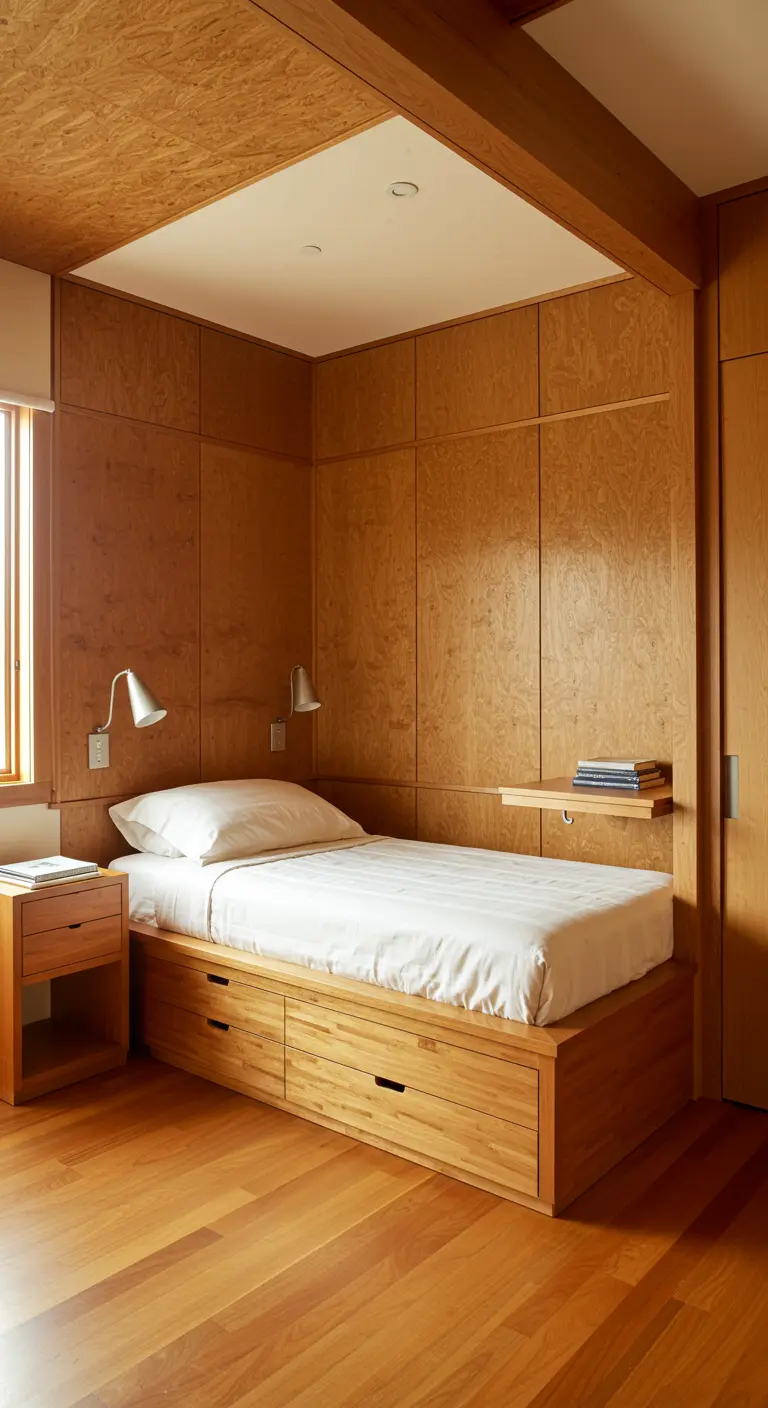 Bedroom with plywood paneled walls and a built-in storage bed.