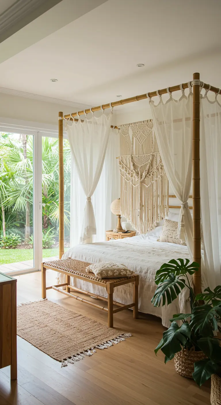 A bamboo canopy bed draped in white sheer curtains with a macramé piece behind it.