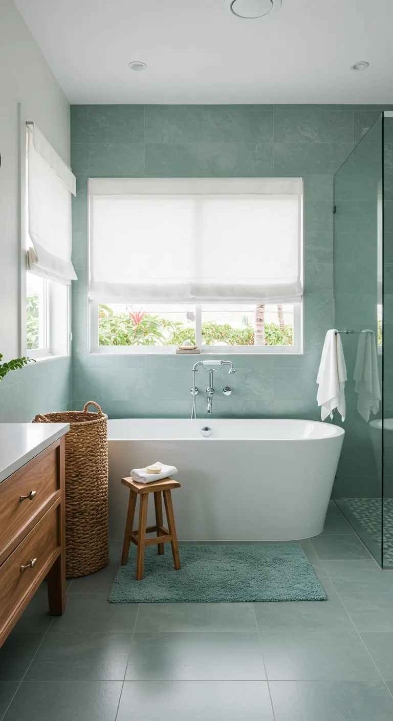 Bathroom with large seafoam green tiles, a freestanding tub, and a woven hamper.