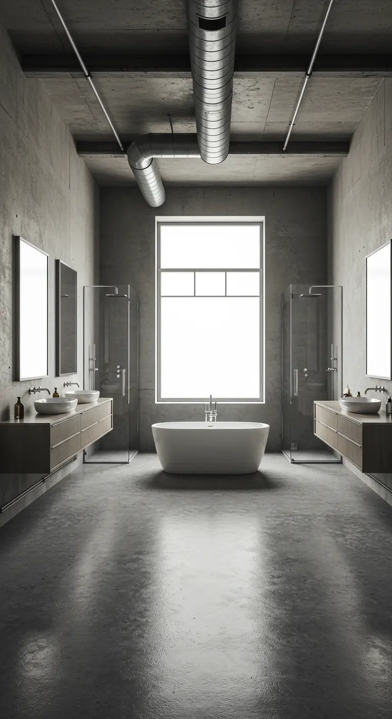 Symmetrical loft bathroom with a central tub and matching vanities.
