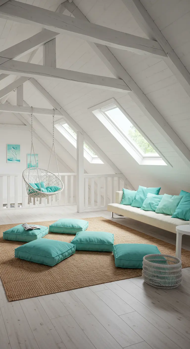 An airy attic lounge with whitewashed beams, floor cushions, and a hanging chair.
