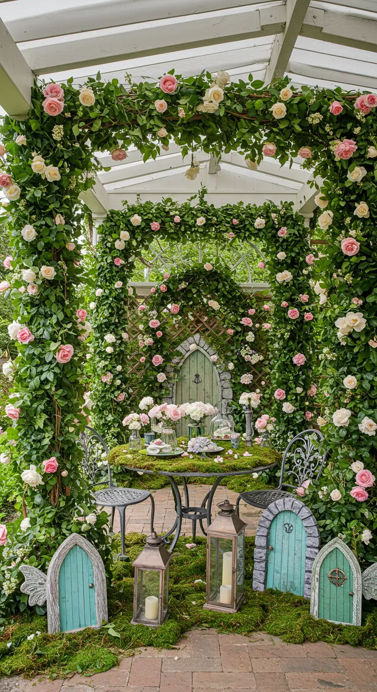 A romantic garden gazebo covered in pink and white roses with a mossy tablescape inside.