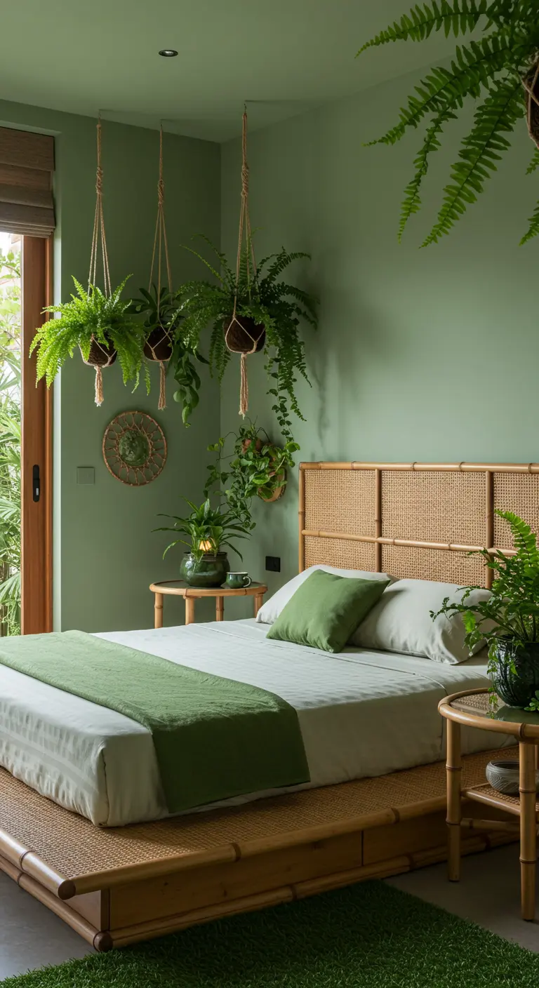 Sage green bedroom with a bamboo bed and many hanging plants.