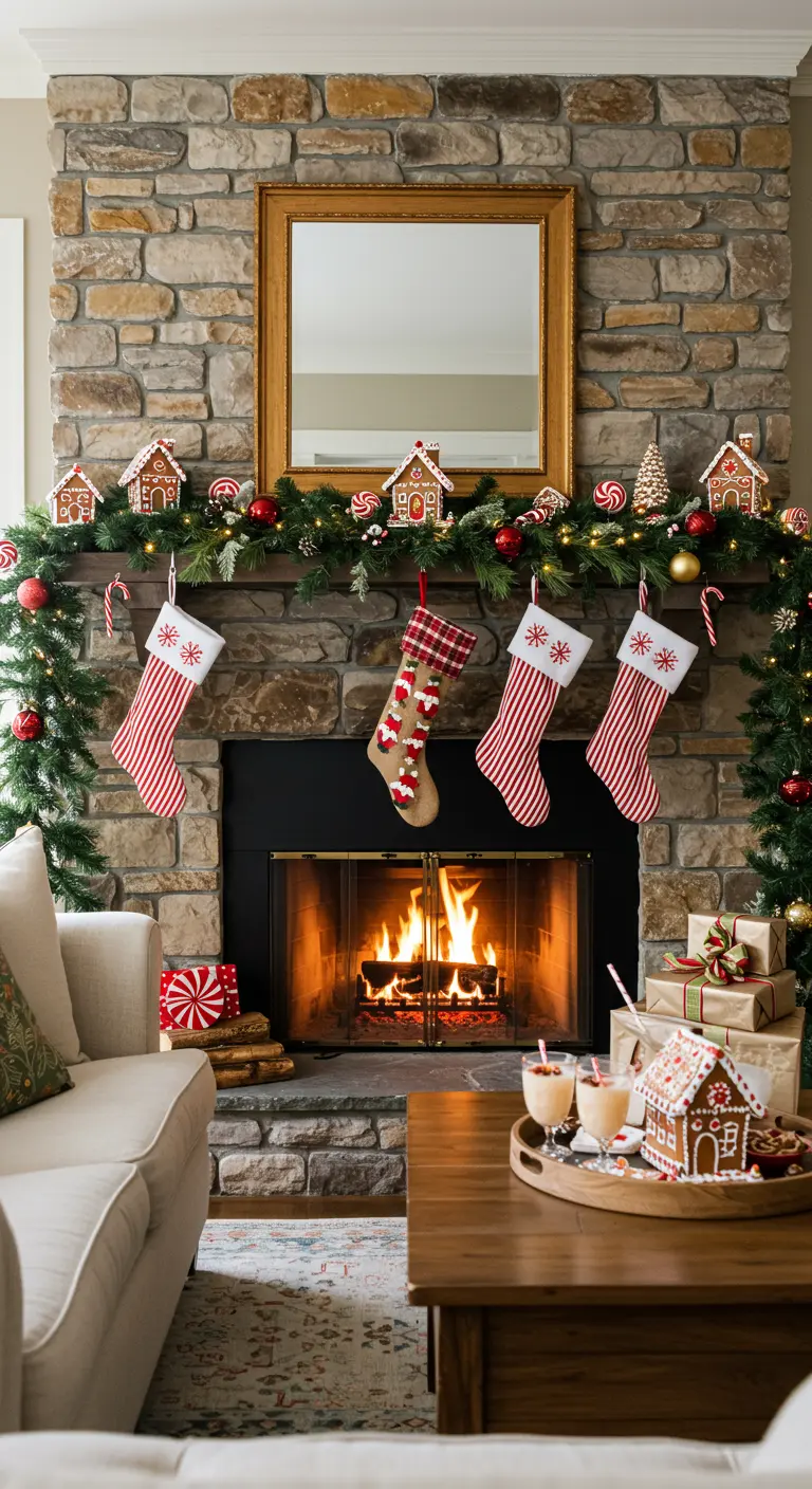 Stone fireplace mantel decorated with gingerbread houses, garland, and striped stockings.