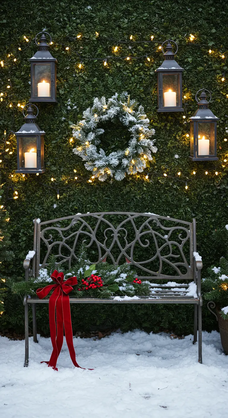 A snow-dusted bench decorated for Christmas with a wreath, lanterns, and a red bow.