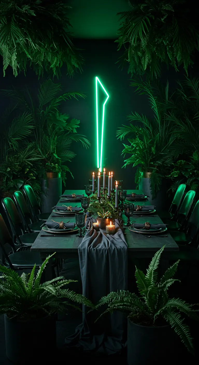 Moody, jungle-themed dinner table surrounded by plants and lit by a green neon light.