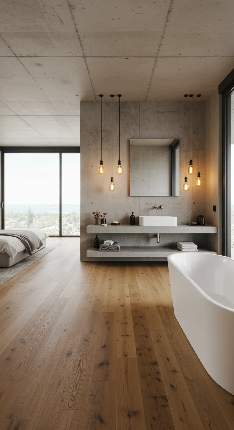 Open-concept bedroom and bathroom with a concrete vanity wall.