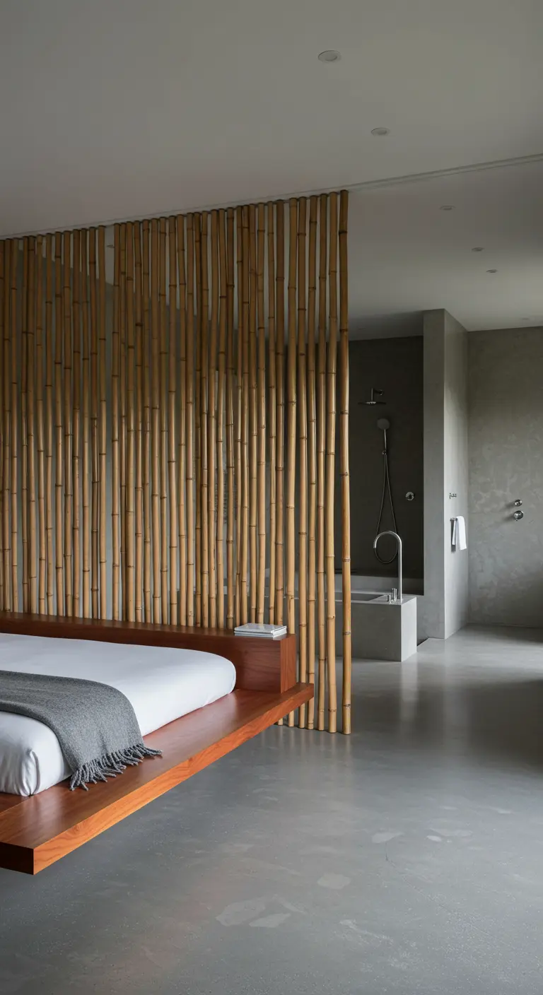 Bedroom with a bamboo pole screen partition next to a floating platform bed.