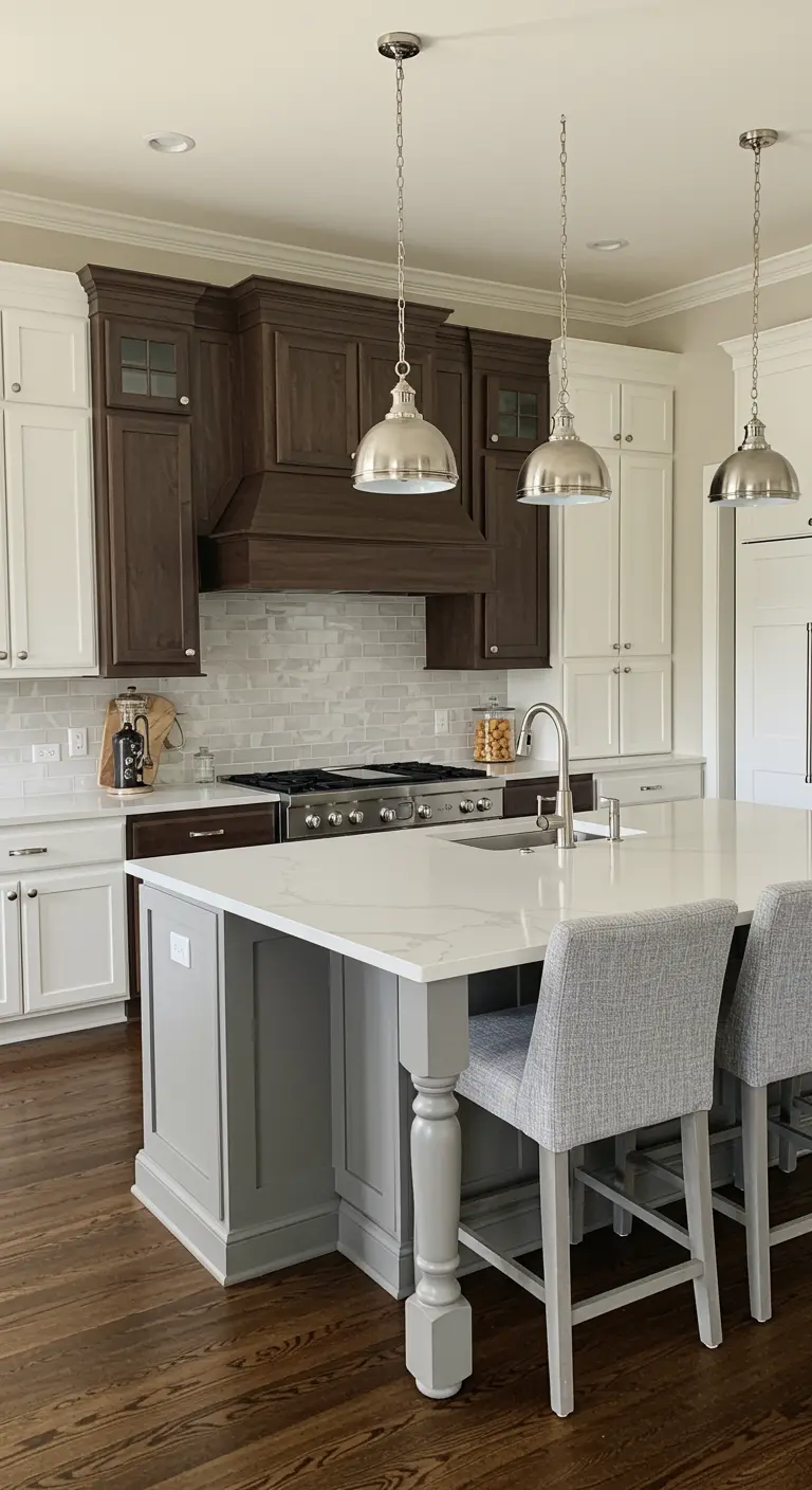 Kitchen with white cabinets, a dark wood section around the stove, and a light grey island.