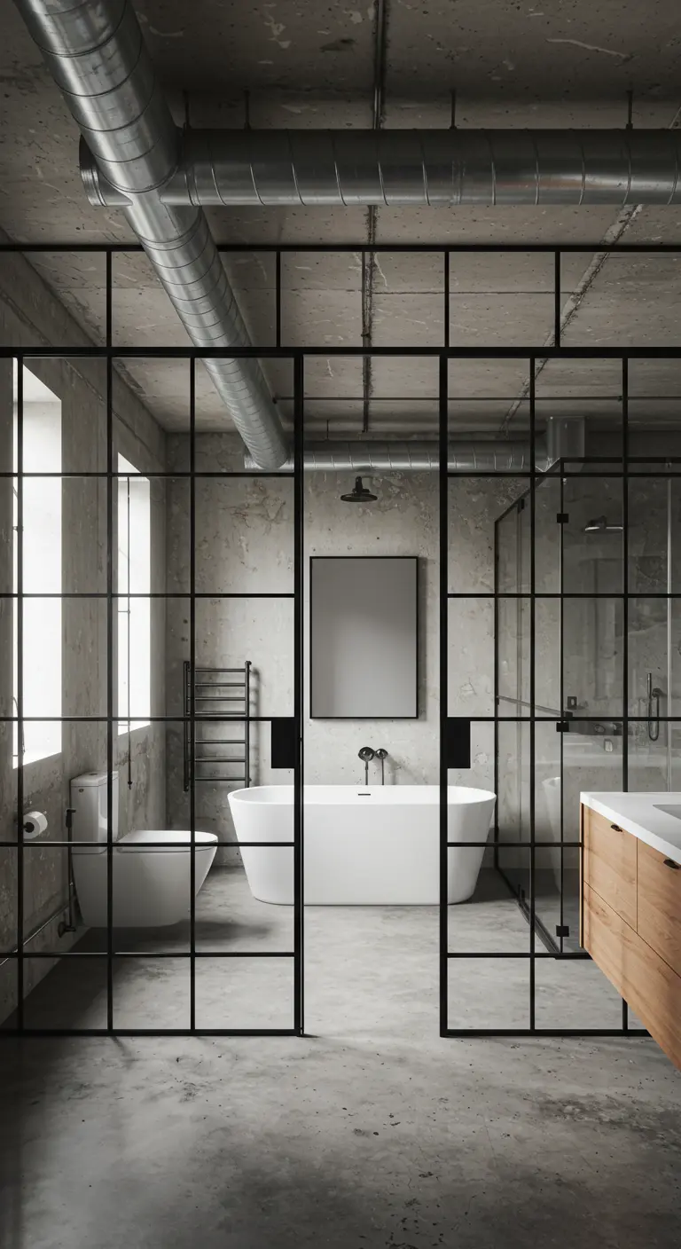 Loft bathroom viewed through black-framed glass sliding doors.