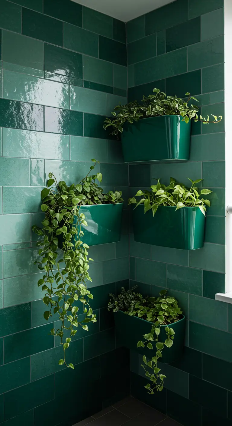 Balcony corner with glossy green subway tiles and matching green planters with vines.