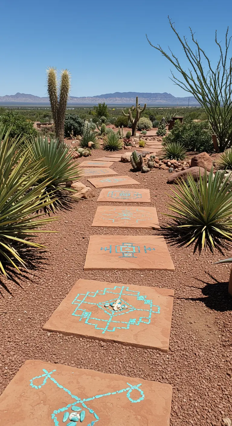 Terracotta pavers with turquoise mosaic patterns in a desert gravel garden.