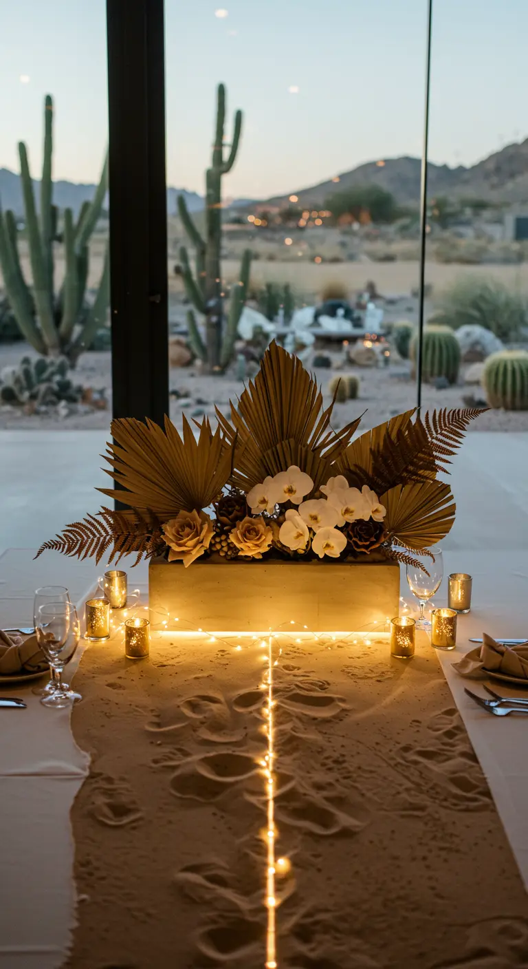 Modern floral centerpiece with dried palms and orchids, lit from below with an LED strip.