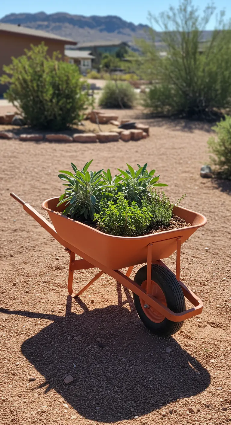 A terracotta-colored wheelbarrow filled with sage and thyme in a sunny desert landscape.