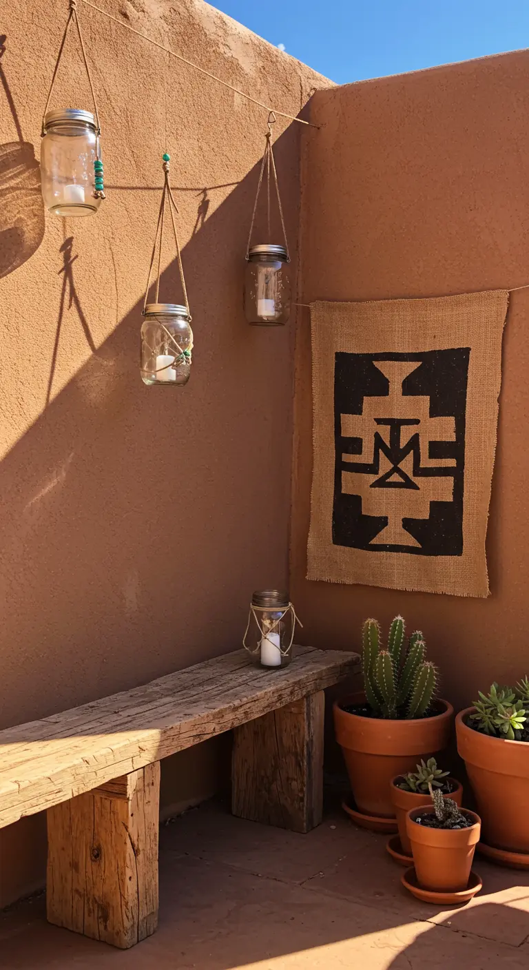 A rustic bench against an adobe wall with a geometric burlap hanging and cacti.