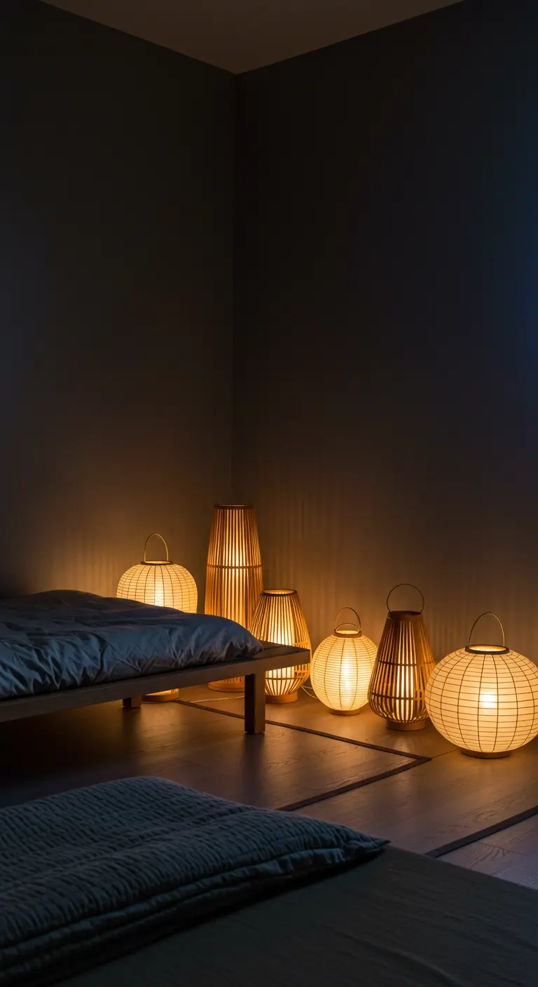 Dark bedroom with a variety of glowing bamboo and paper floor lanterns.
