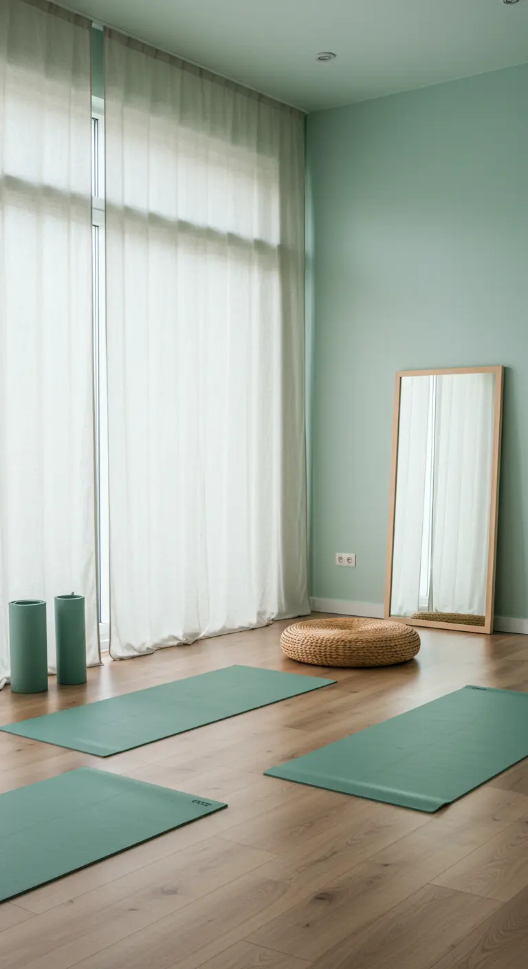 A calm yoga room with sage green walls, yoga mats, and a large mirror.