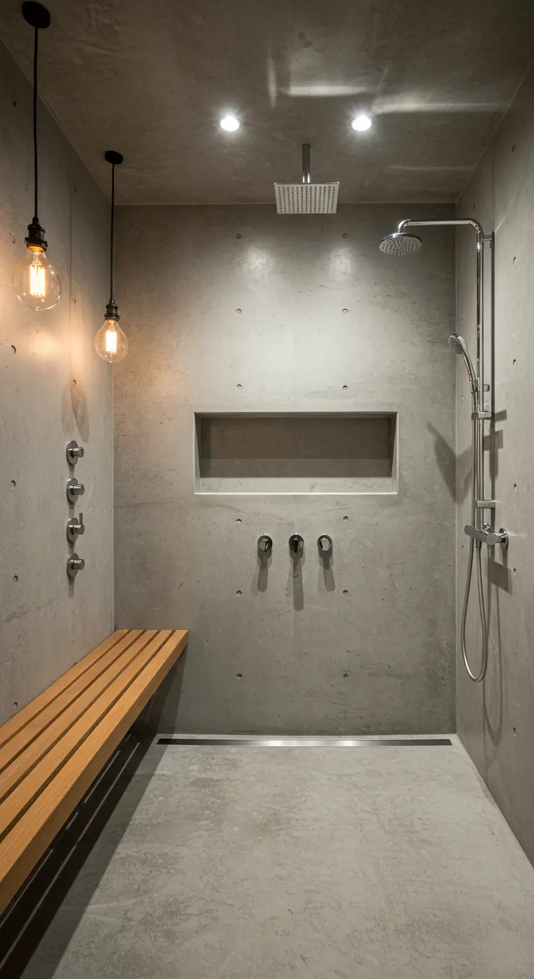 Concrete walk-in shower with a built-in teak bench and recessed wall niche.