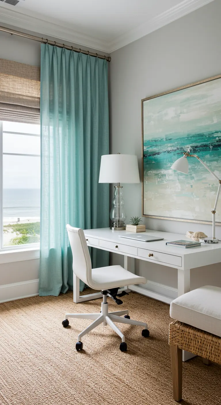 Coastal home office with a white desk, aqua curtains, and a large seascape painting.