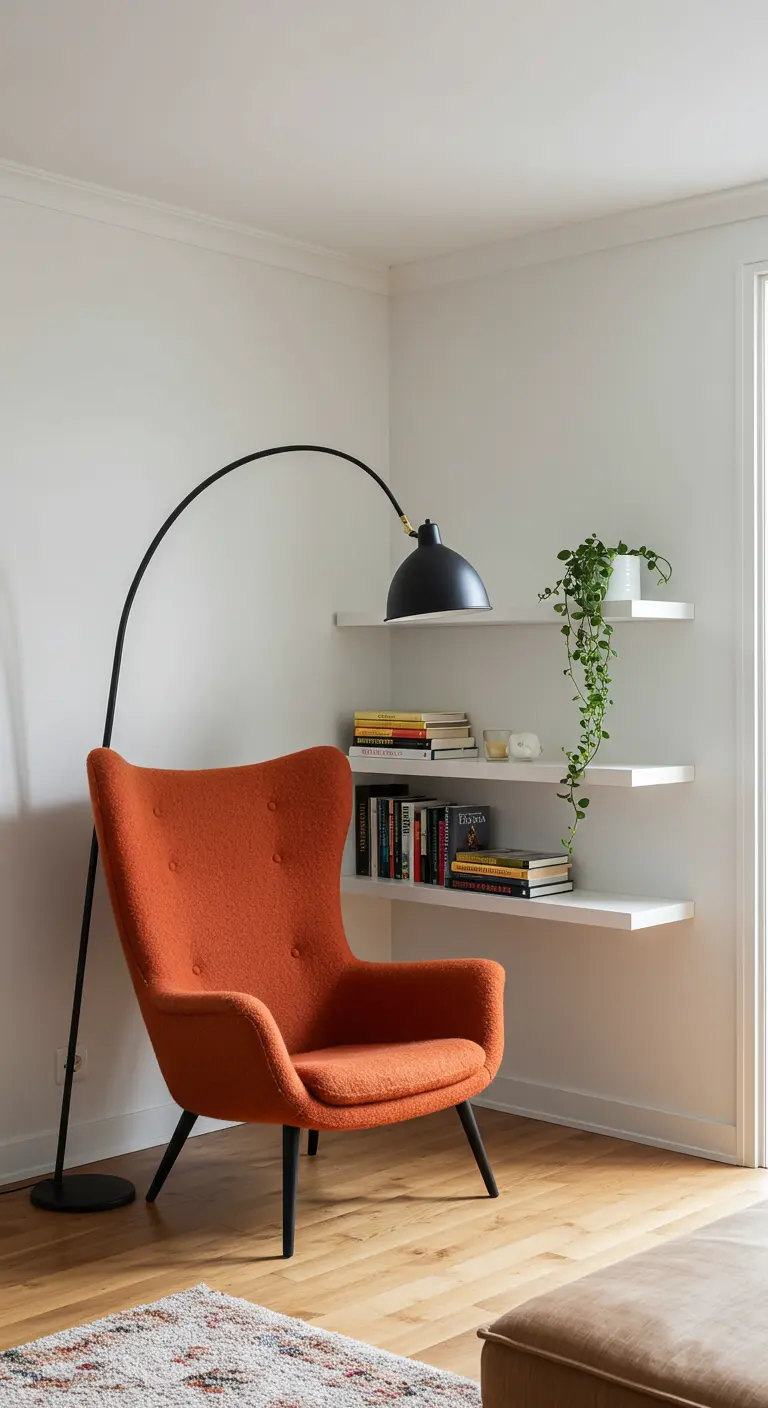 A cozy reading corner with a burnt orange armchair and floating shelves.