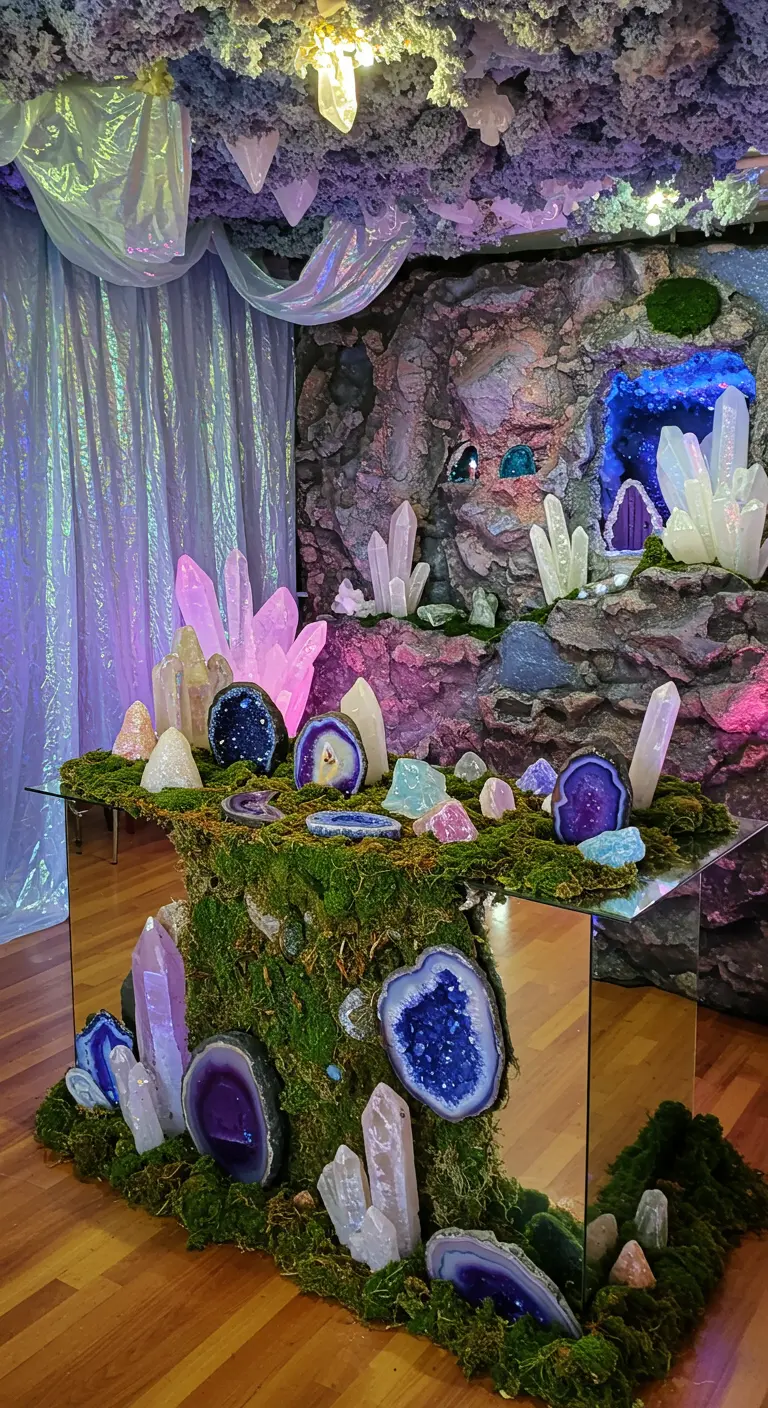 A moss-covered party table decorated with sparkling geodes, crystals, and amethyst slices.