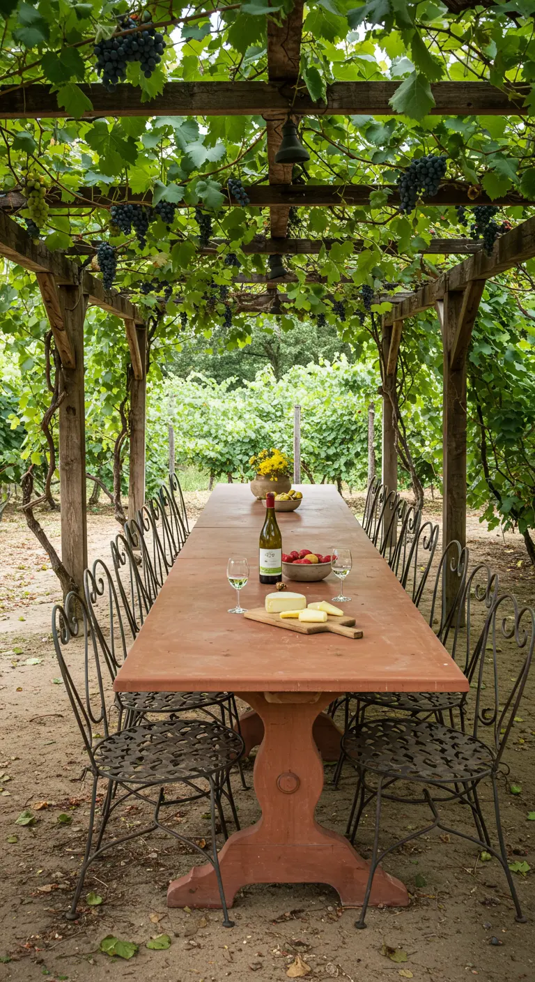 Long terra cotta table and iron chairs set for a meal under a grape-vine pergola.