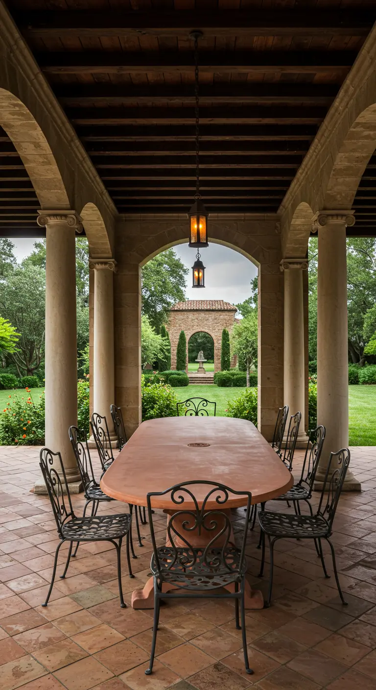 Long terra cotta table under a grand stone portico with columns and hanging lanterns.