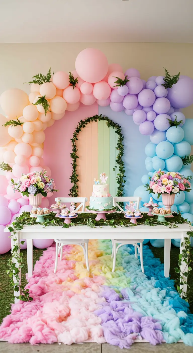 Pastel balloon arch over a dessert table with a rainbow cloud tulle runner on the floor.