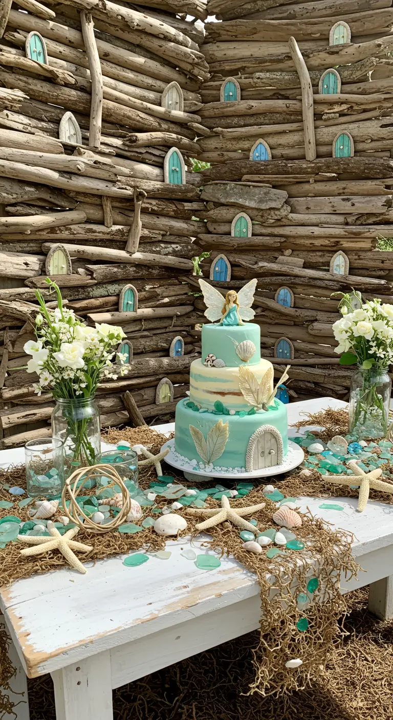 A coastal-themed fairy party with a driftwood backdrop, starfish, and a tiered mermaid cake.