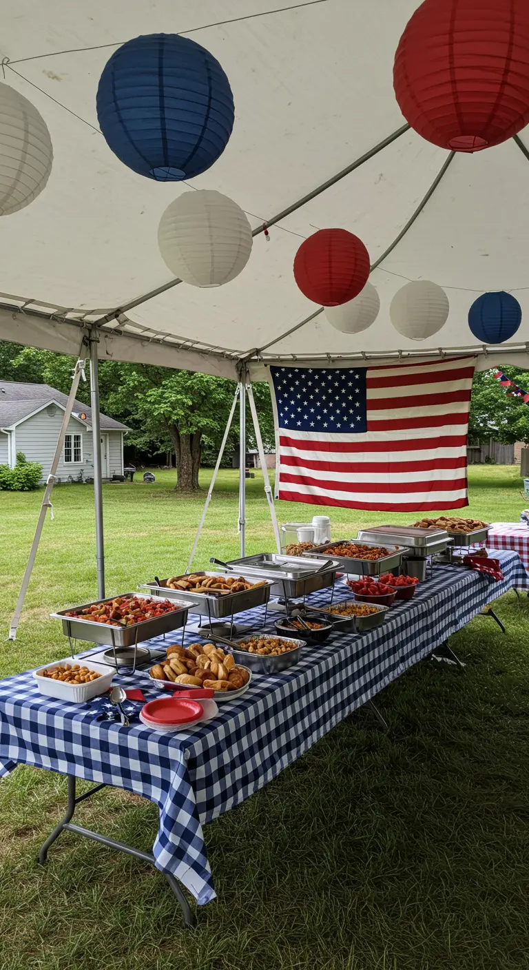 Outdoor buffet under a white tent with a blue gingham tablecloth and hanging paper lanterns.