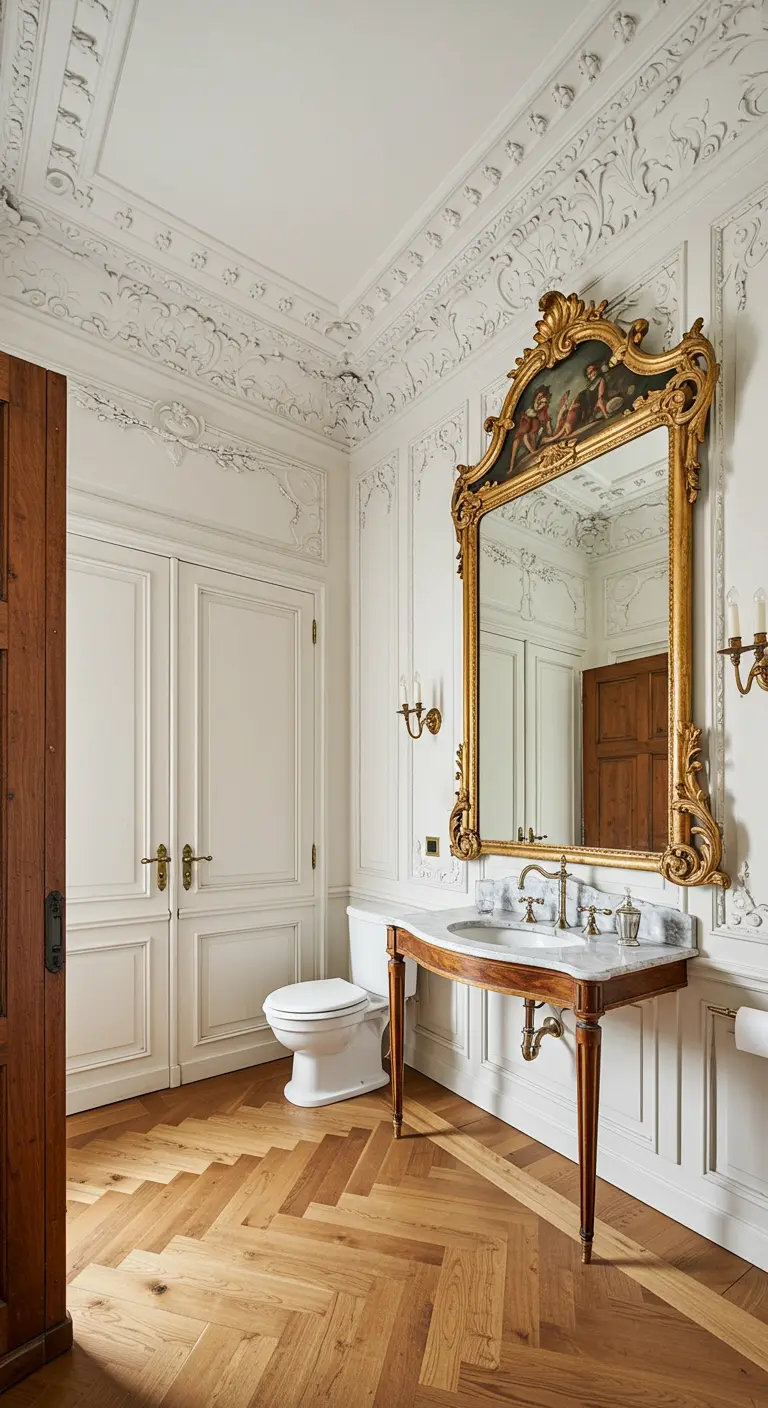 Powder room with ornate ceiling moulding, a large gold Rococo mirror, and herringbone floors.