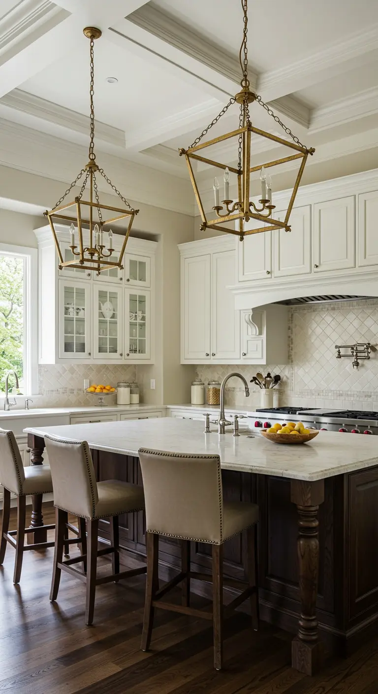 Grand kitchen with coffered ceiling, dark wood island, and large gilded lantern pendants.