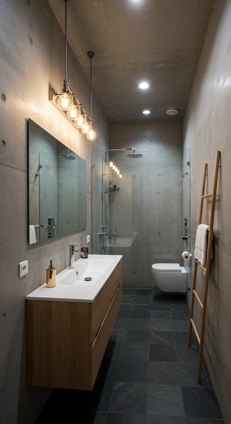 Narrow industrial bathroom with a long wood vanity and horizontal pendant light.