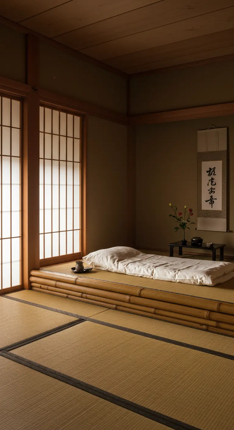 Traditional Japanese bedroom with tatami mats, shoji screens, and a low futon.