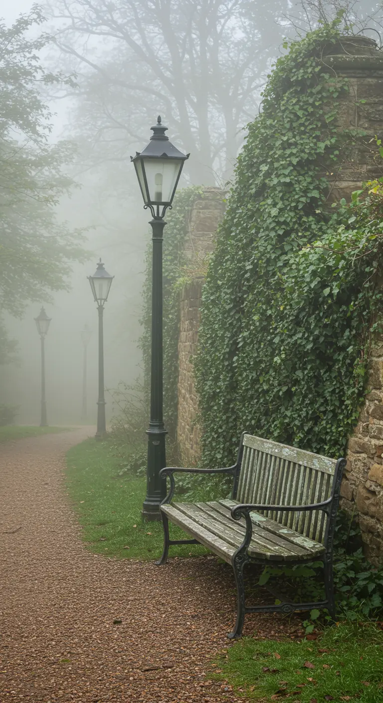 A weathered wooden park bench sits on a foggy gravel path next to an ivy wall and a lantern.