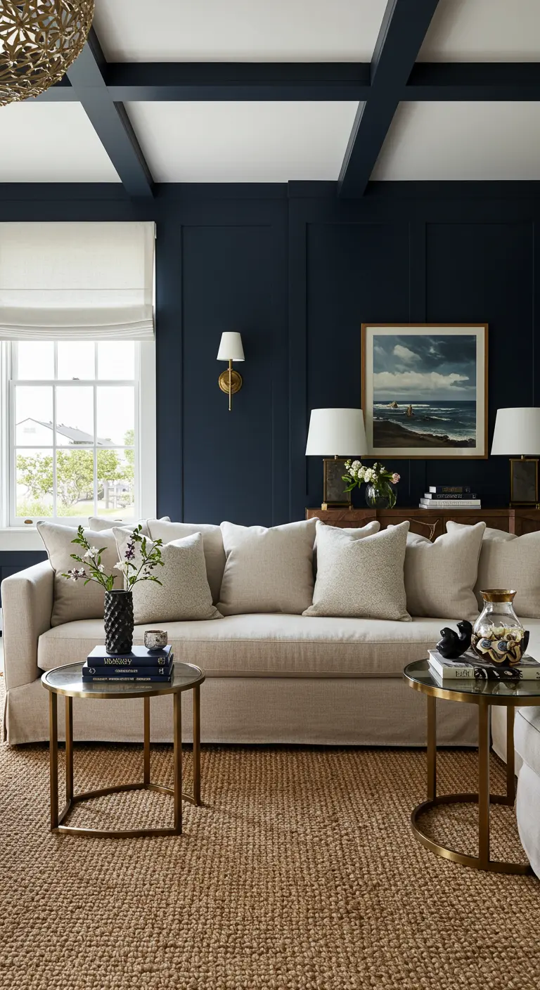 A sophisticated living room with dark navy walls and a light neutral sofa.