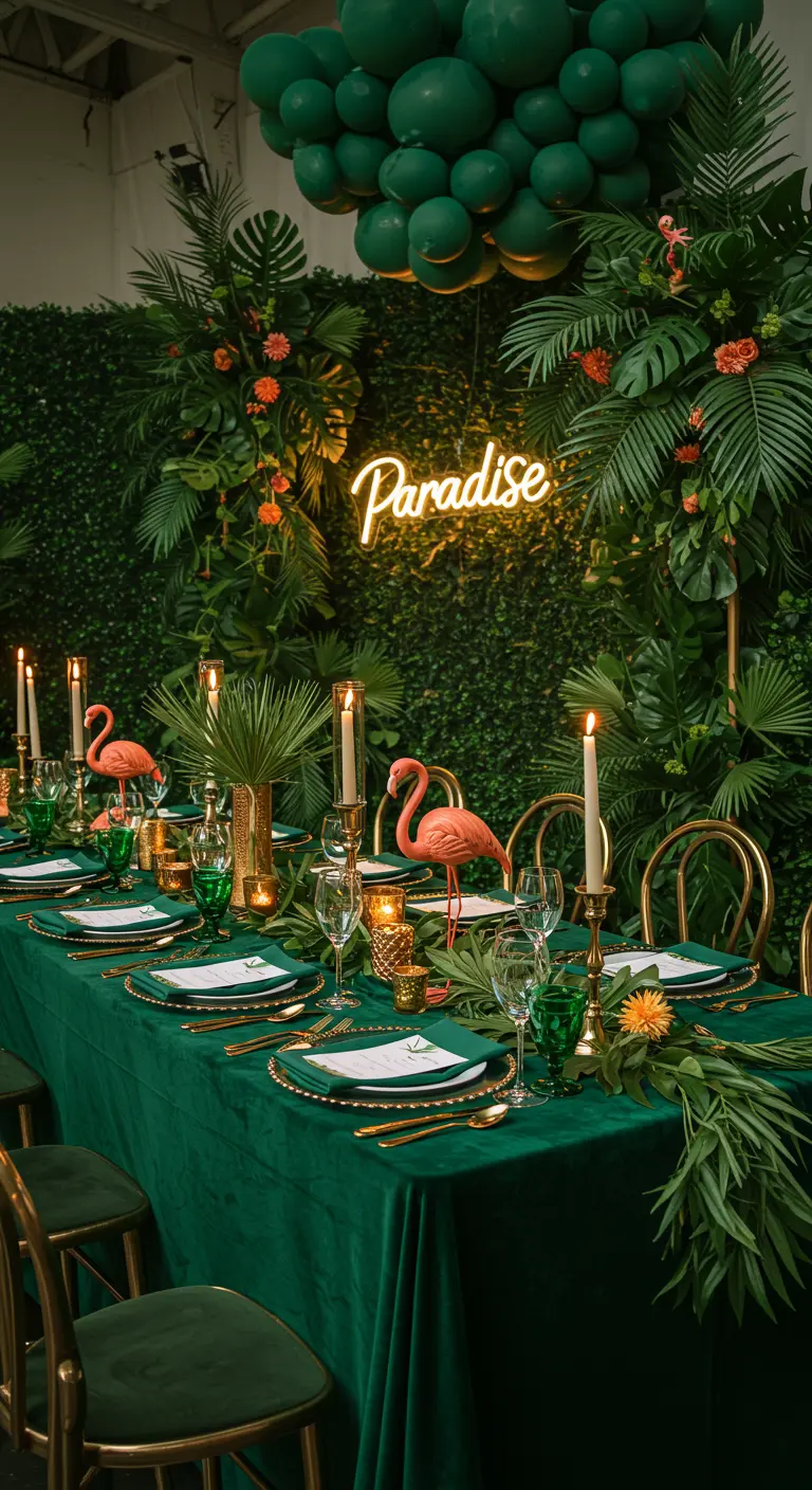 Lush green and gold tablescape with a 'Paradise' neon sign on a foliage wall.