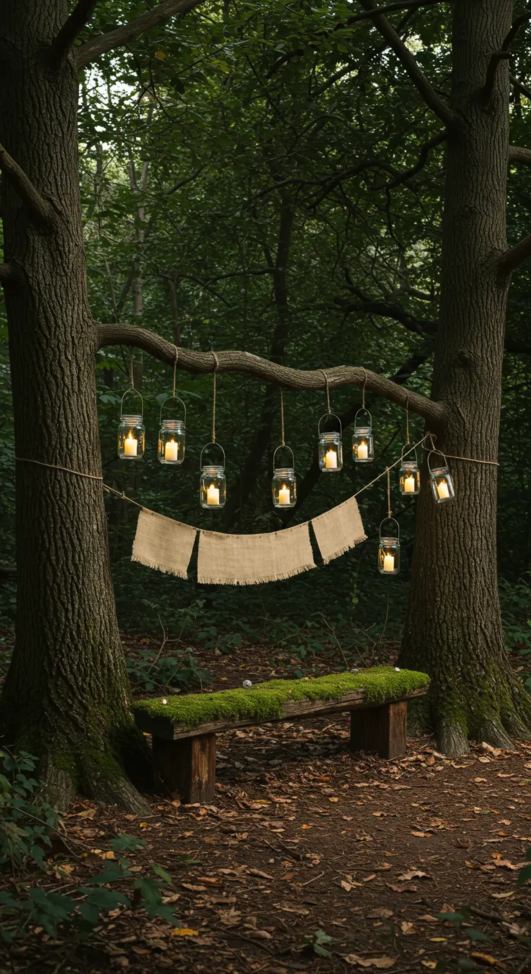 A mossy bench in the woods sits under hanging candle-lit mason jars and a banner.