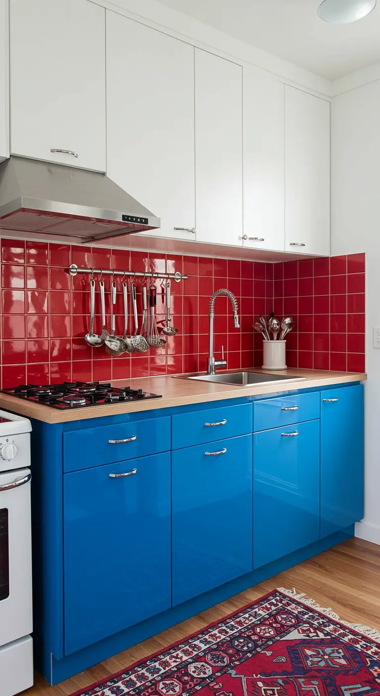 Kitchen with bright blue lower cabinets, white uppers, and a glossy red tile backsplash.