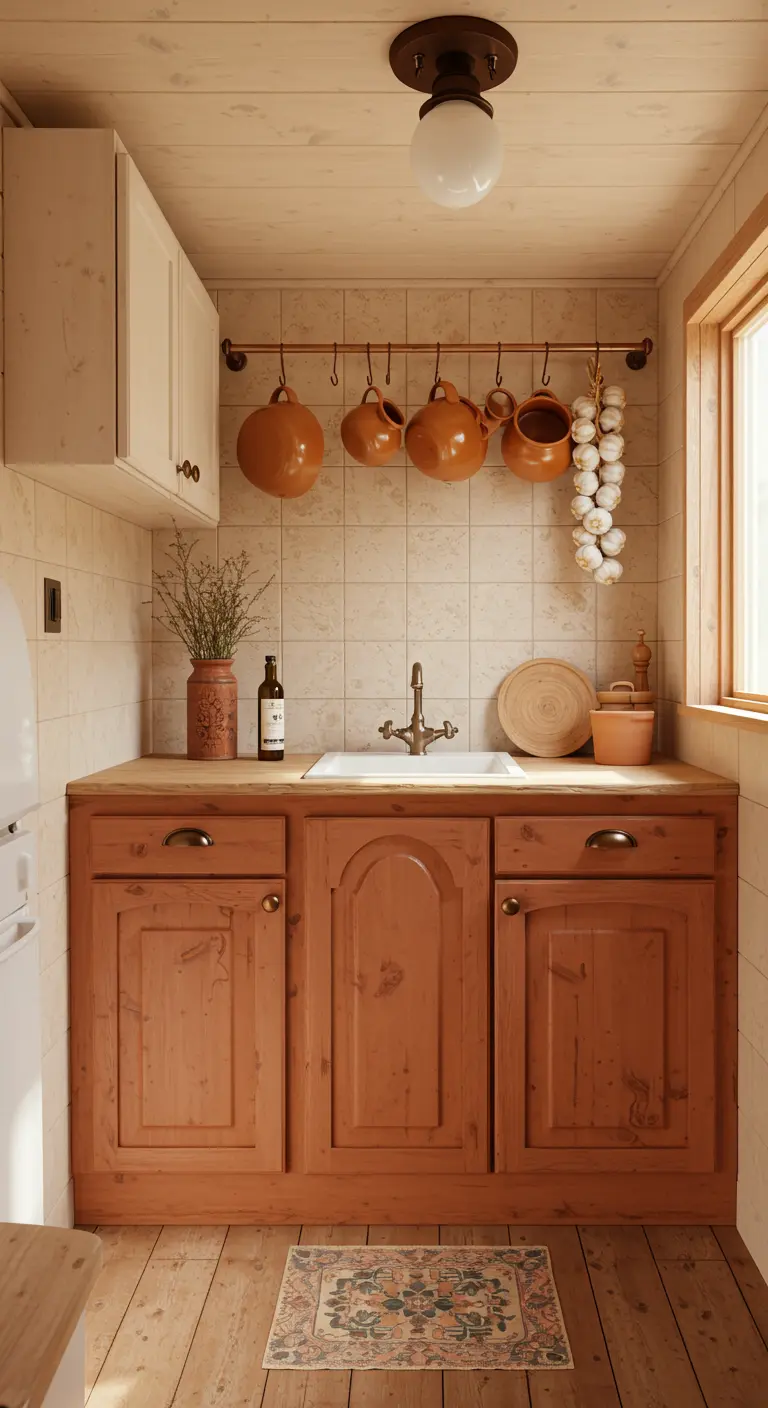 Rustic kitchen with wood cabinets and hanging terracotta pots against a tiled wall.
