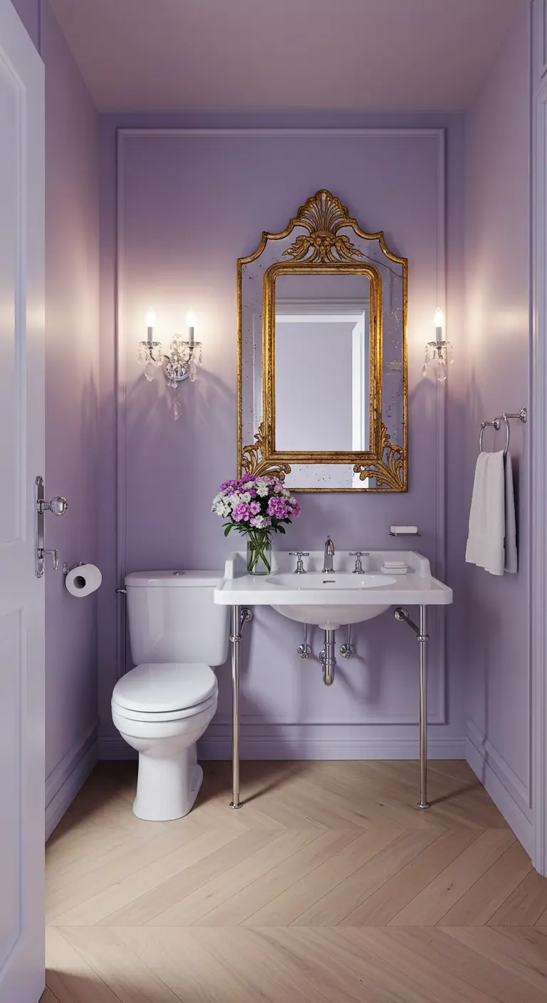 Parisian powder room with lavender walls, an ornate gold mirror, and chrome fixtures.