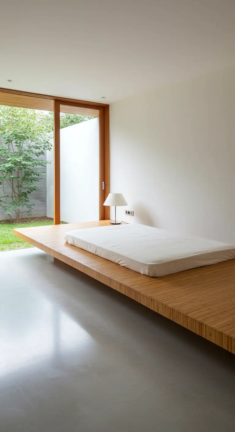 Ultra-minimalist bedroom with an extended bamboo platform bed and garden view.