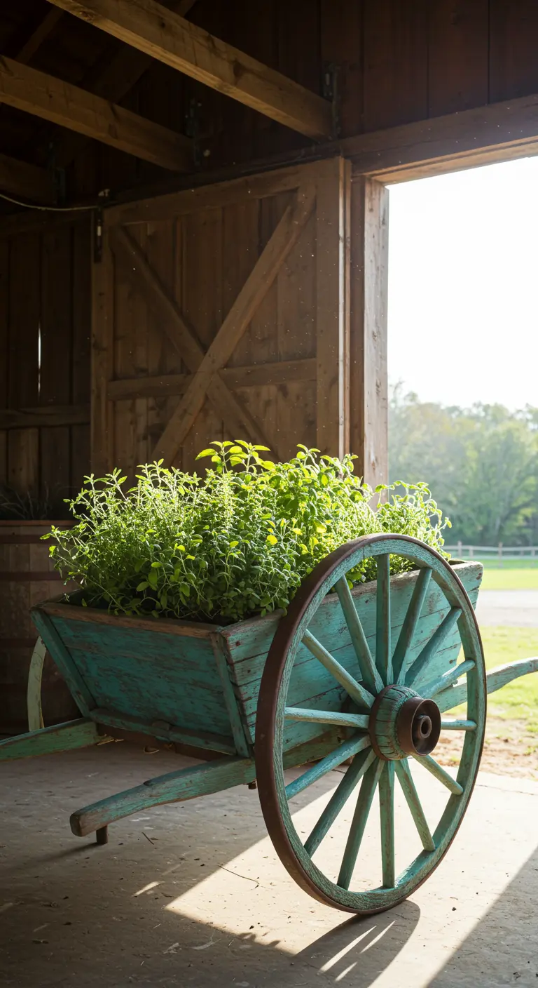 A large, rustic teal wooden cart filled with a lush bed of mint in a barn doorway.