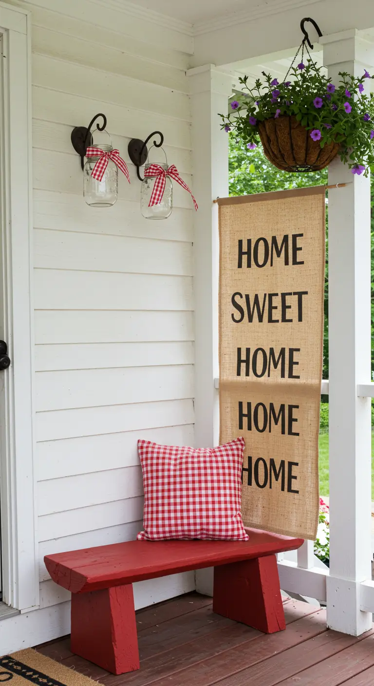 A red bench on a farmhouse porch with a gingham pillow and 'HOME SWEET HOME' banner.