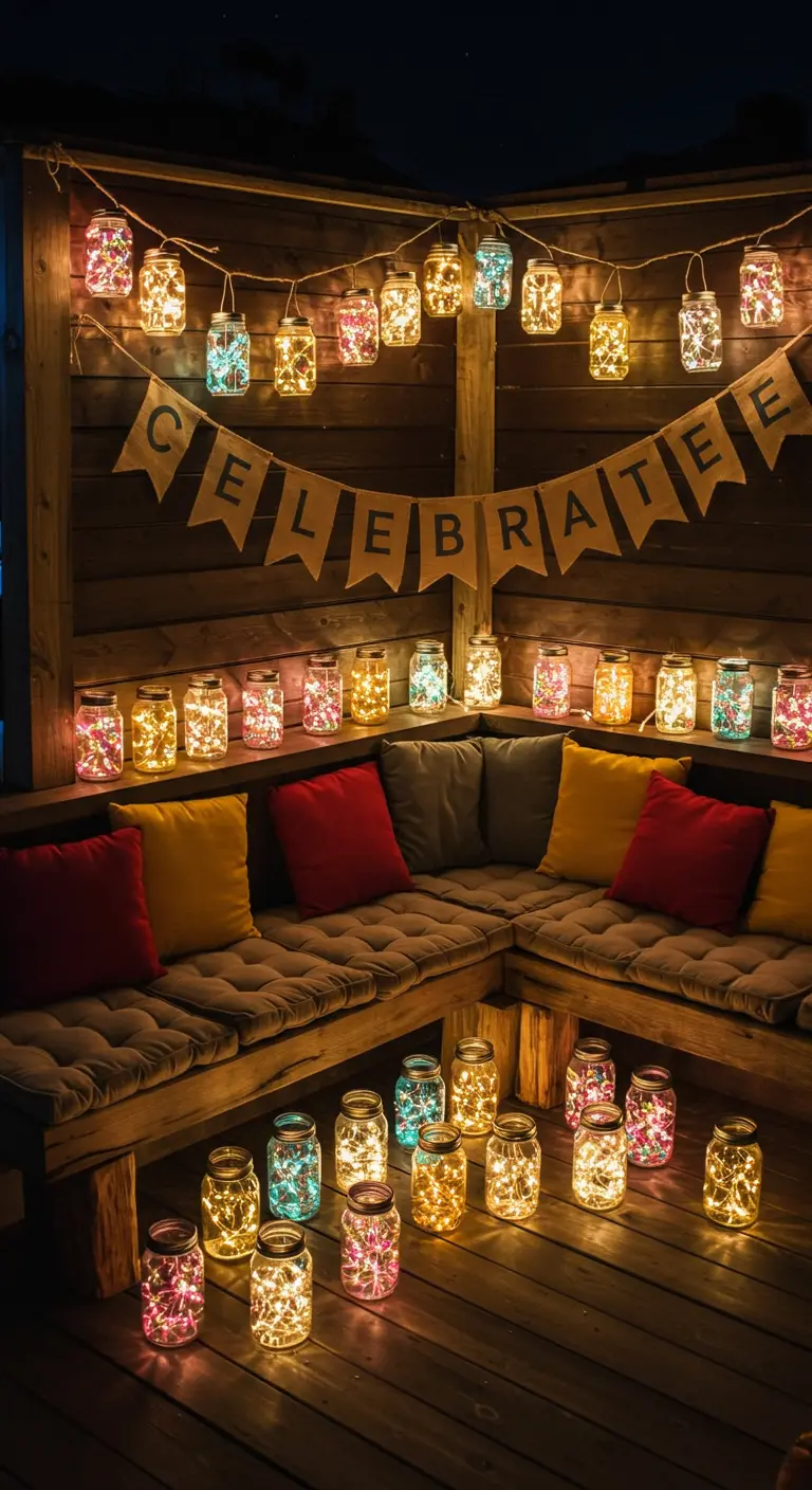 A corner bench decorated for a party with a 'CELEBRATE' banner and colorful lights.