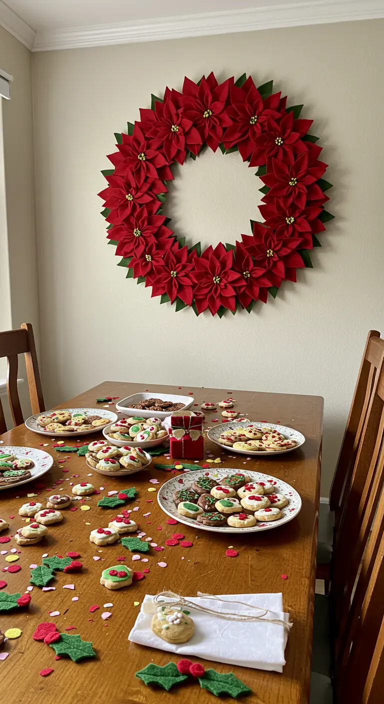 A large red felt poinsettia wreath hangs on a wall above a table laden with Christmas cookies.