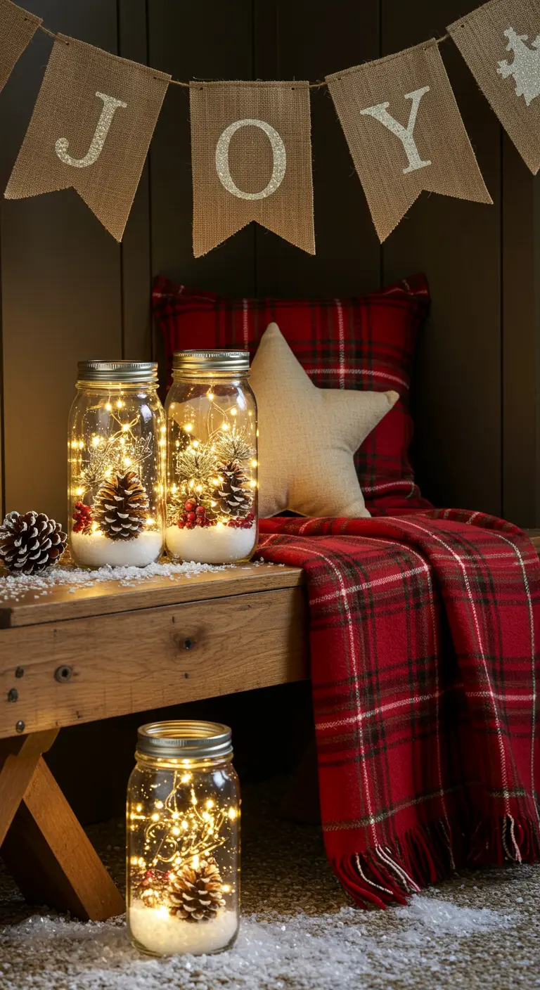 A festive holiday corner with a bench, plaid blanket, 'JOY' banner, and decorated jars.