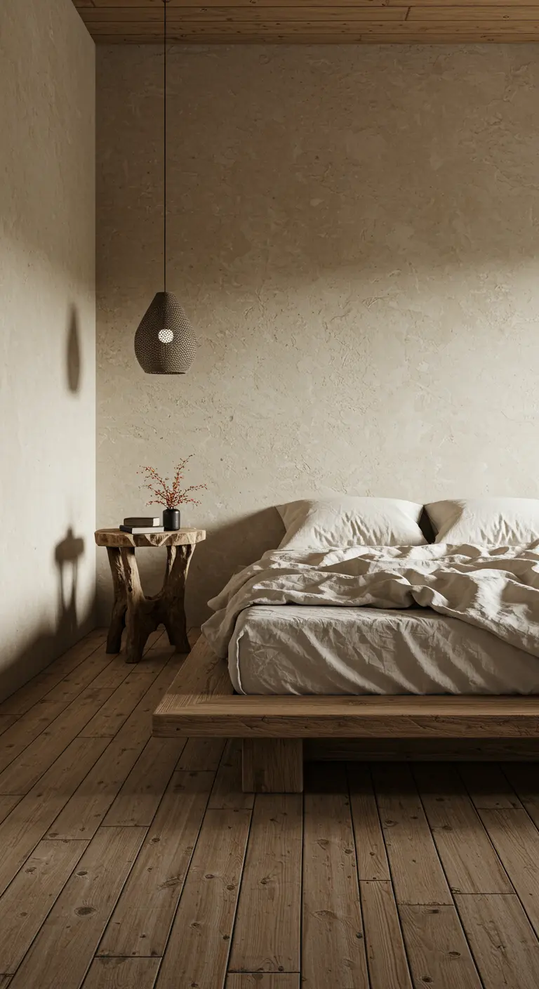 Rustic minimalist bedroom with textured walls and a low wooden platform bed.