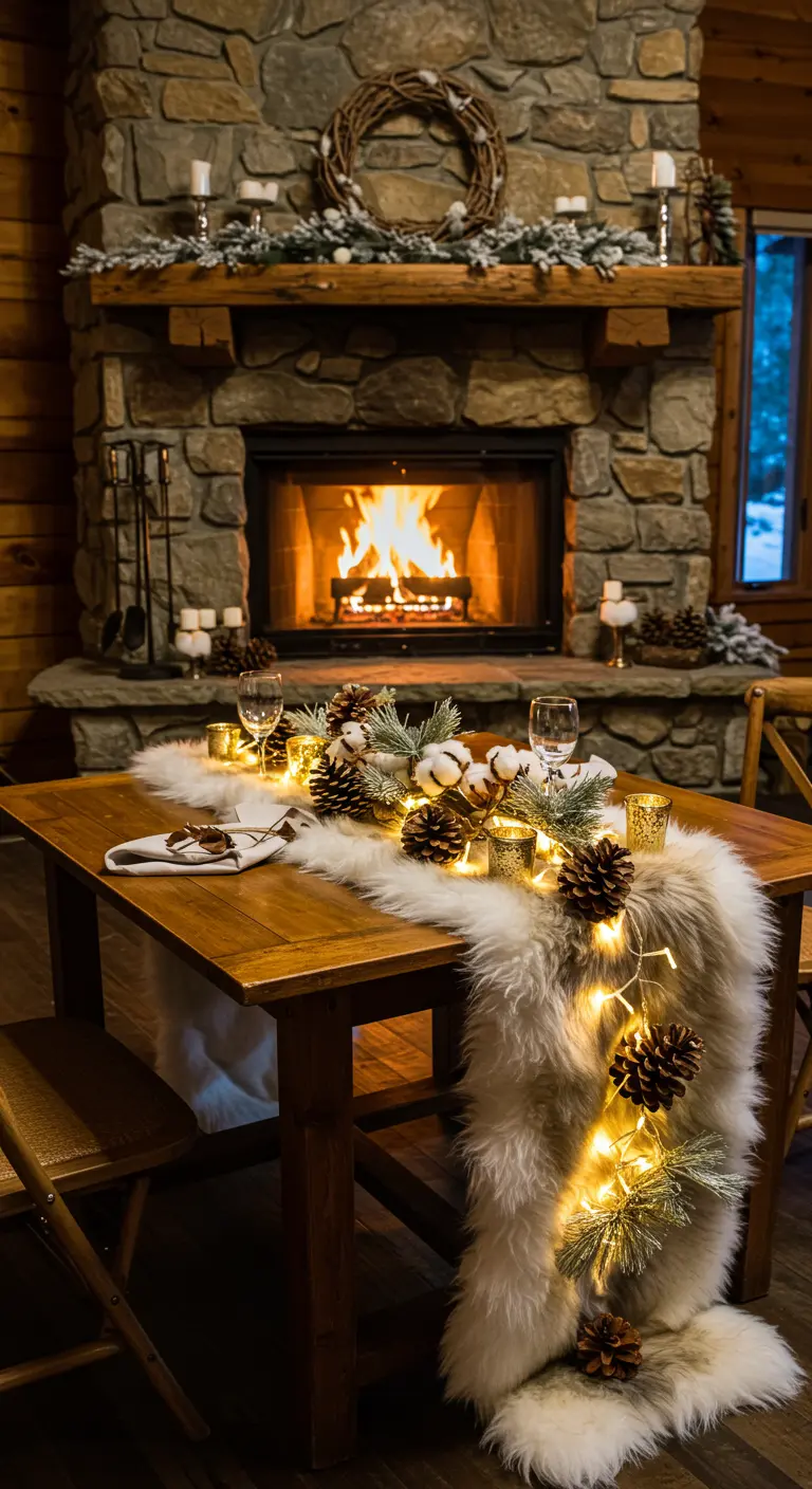 Table in front of a stone fireplace with a faux fur runner, pinecones, and fairy lights.