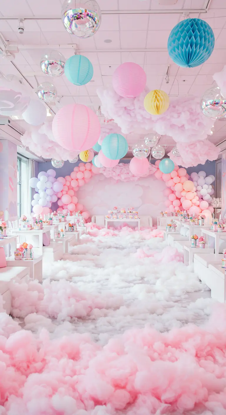Party room filled with fluffy pink and white clouds on the floor and ceiling.